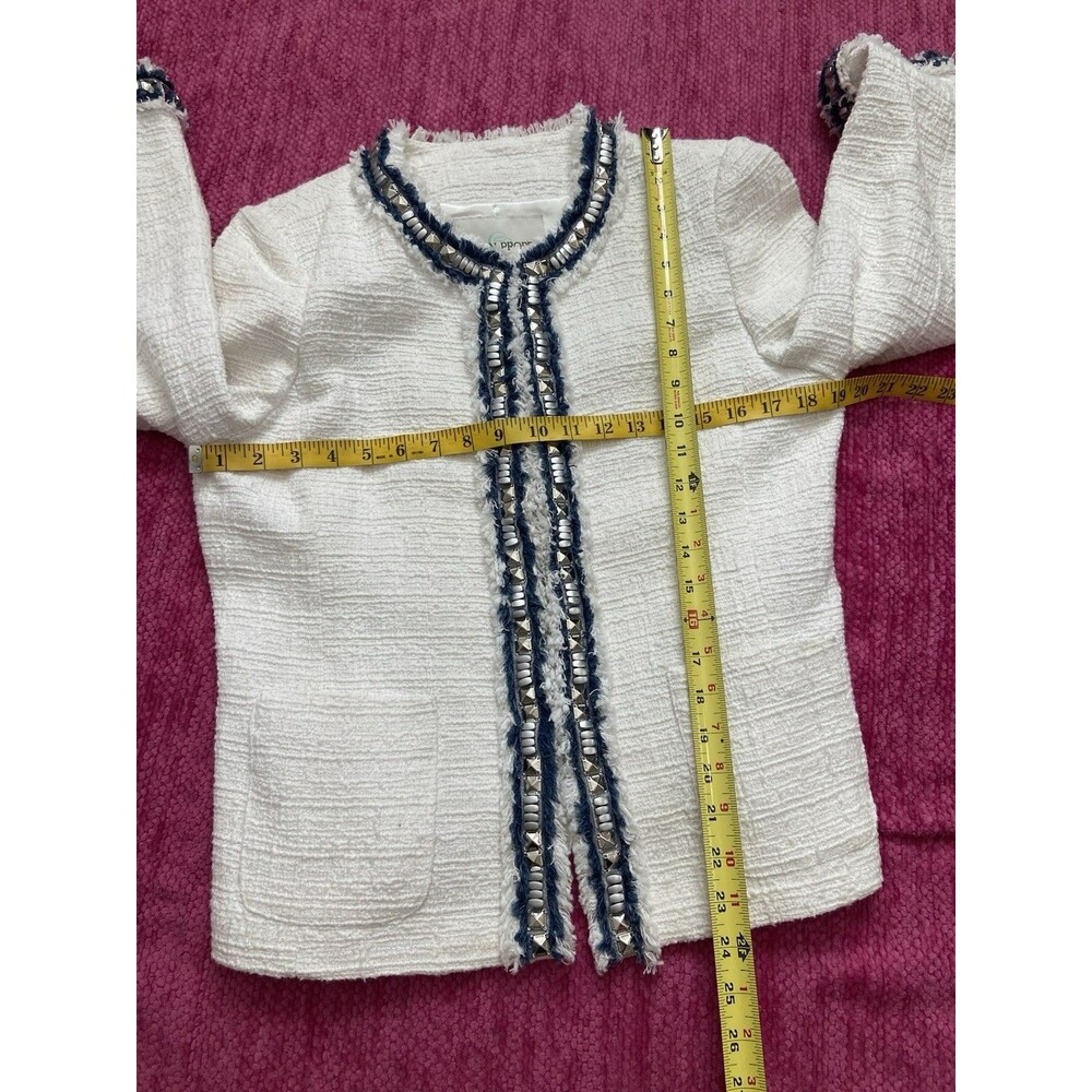 NEW Boston Proper Tweed Blazer Jacket Fringed Embellished White Blue Size 10 - Picture 11 of 12